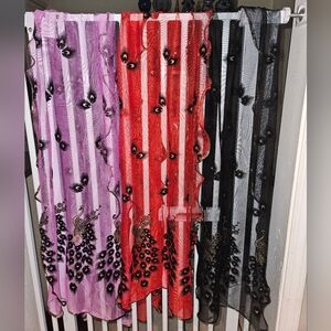 Persian gold peacock & black velvet flower embellished shawl scarf wrap lot of 3